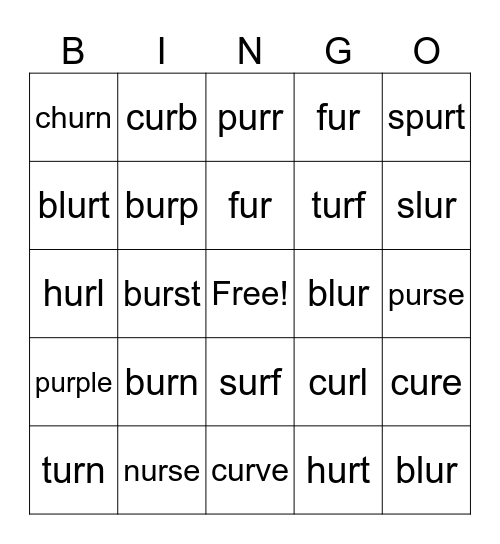 "ur" words Bingo Card