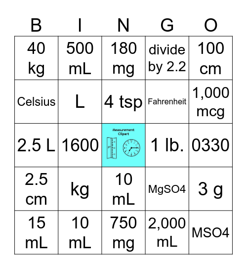 Dosage Calculations Conversions Bingo Card