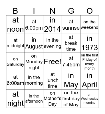 Months, Days, Time Bingo Card