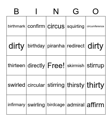 ir multisyllablic words Bingo Card