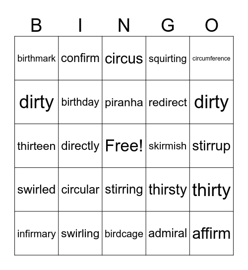 ir multisyllablic words Bingo Card