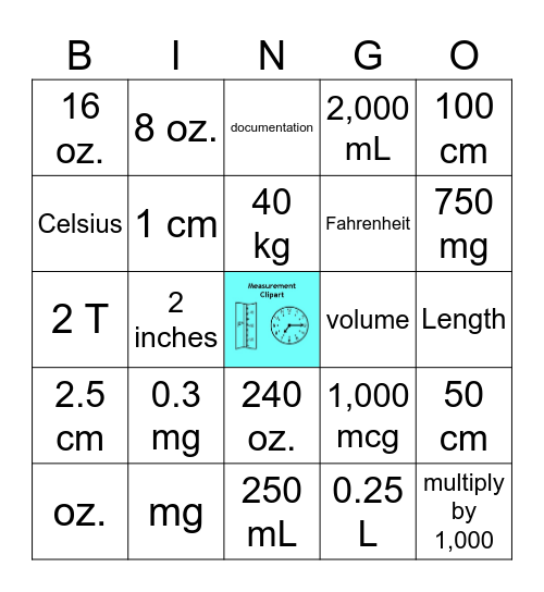 Dosage Calculation Conversions Bingo Card