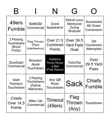 Super Bowl Bingo Card