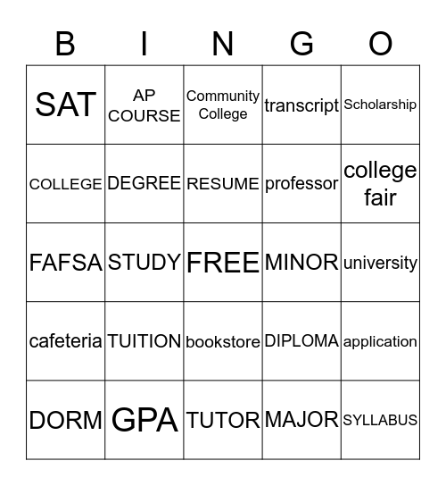 COLLEGE PREP Bingo Card