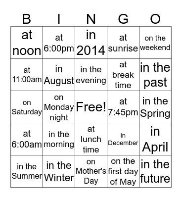 Months, Days, Time Bingo Card