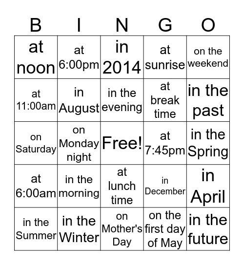 Months, Days, Time Bingo Card