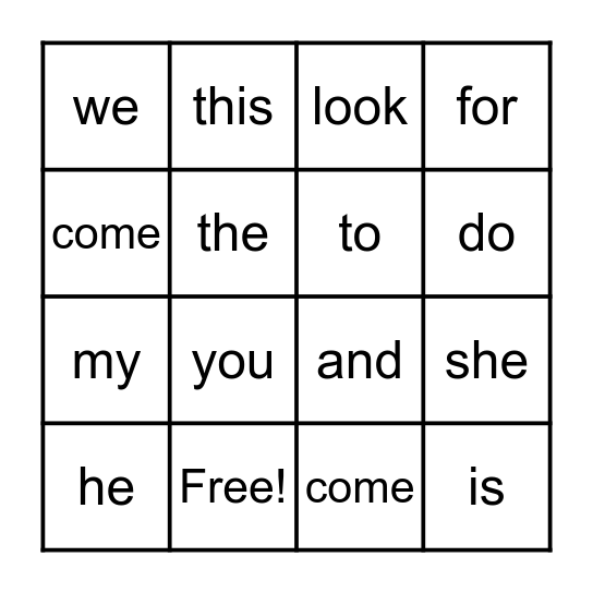 Sight Word BINGO Card