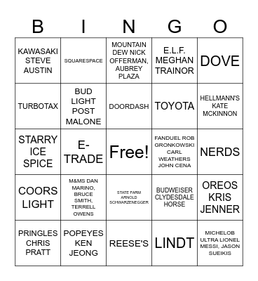 SUPERBOWL COMMERCIALS 2024 Bingo Card