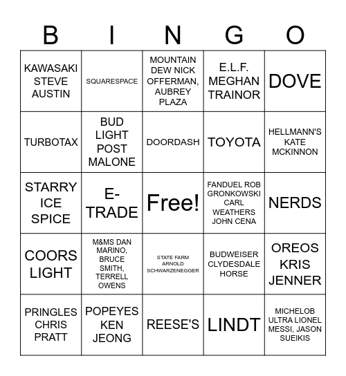 SUPERBOWL COMMERCIALS 2024 Bingo Card