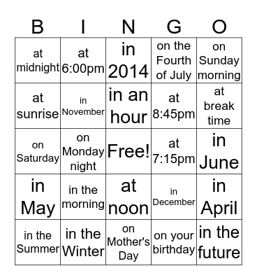 Months, Days, Time Bingo Card