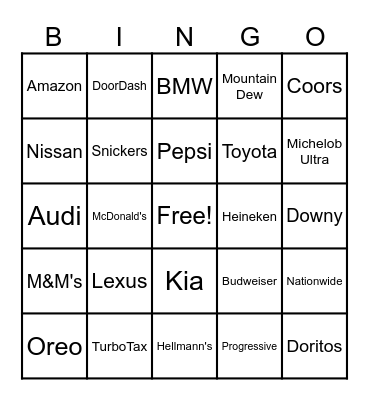 Super Bowl Commercial Bingo Card