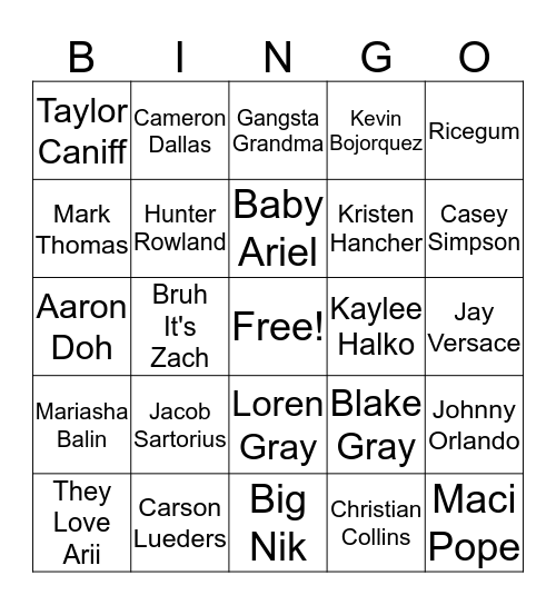 Famous Musical.ly Lipsyncers Bingo Card