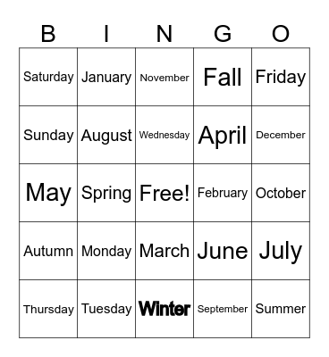 Days and Months and Seasons Bingo Card