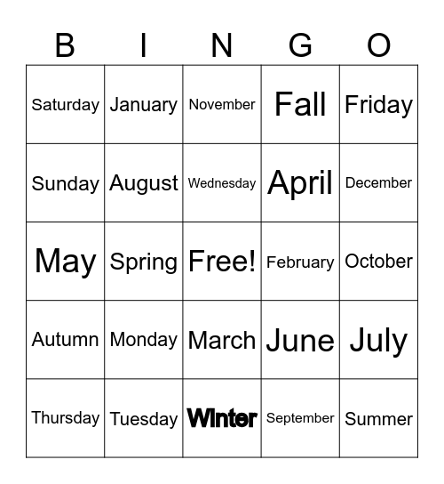 Days and Months and Seasons Bingo Card