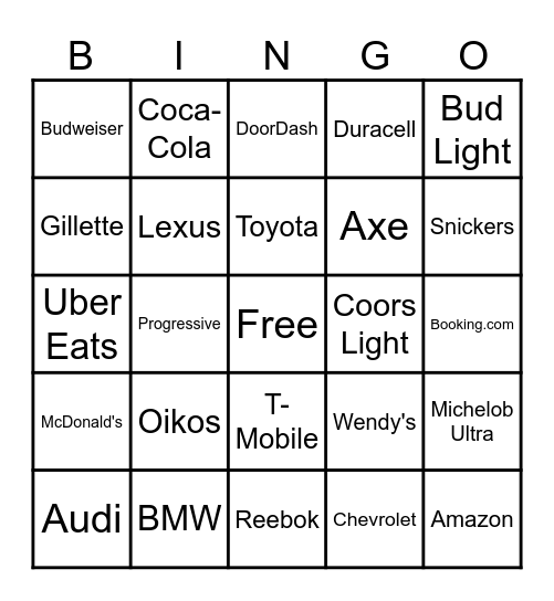 Super Bowl Commercials Bingo Card