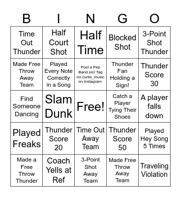 Basketball Pep Band Bingo Card