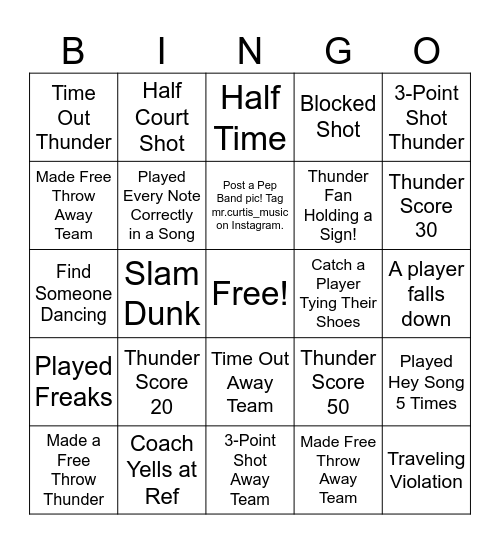 Basketball Pep Band Bingo Card