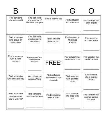 Classmate Bingo Card
