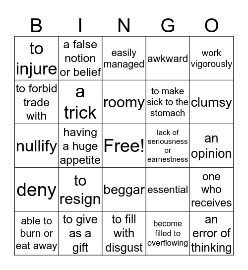 Vocab unit 12  Bingo Card