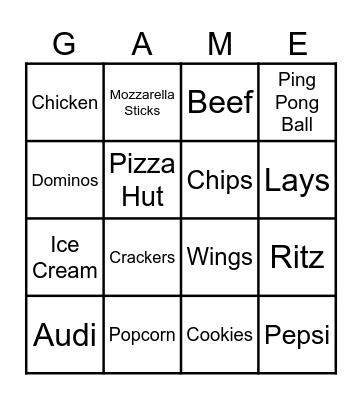 Super Bowl Commodity Video Bingo Card
