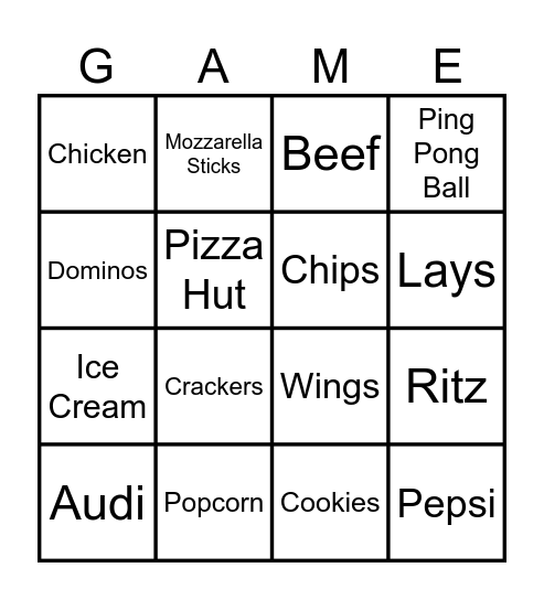 Super Bowl Commodity Video Bingo Card