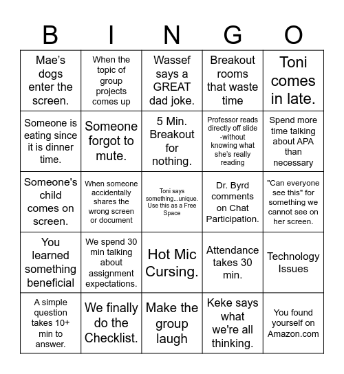 The OG's Class Bingo Card