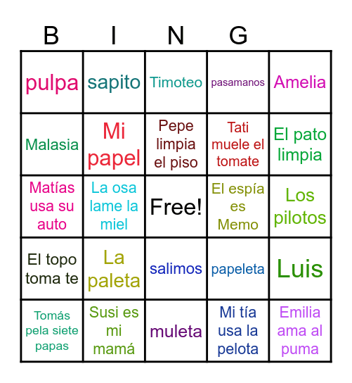 FONEMA M P S L T Bingo Card