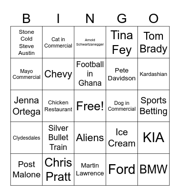 Super Bowl Commercial Bingo Card