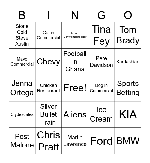 Super Bowl Commercial Bingo Card