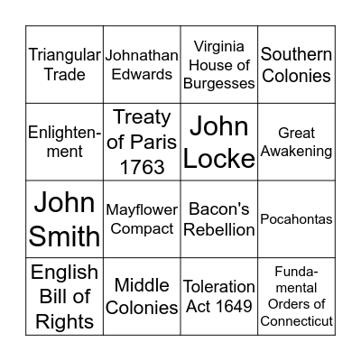 Colonization Bingo Card