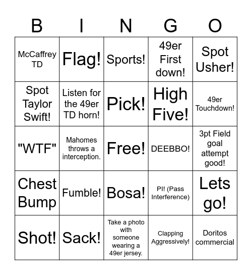 49ers Vs Chiefs Superbowl LVIII Bingo Card