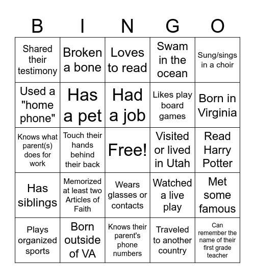 Get to know you BINGO Card