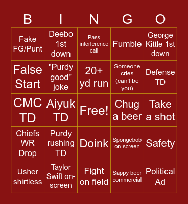 Super Bowl Bingo Card