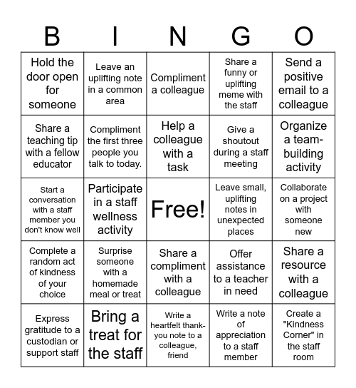 Random Acts of Kindness Bingo Card