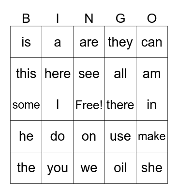 Sight Words Bingo Card