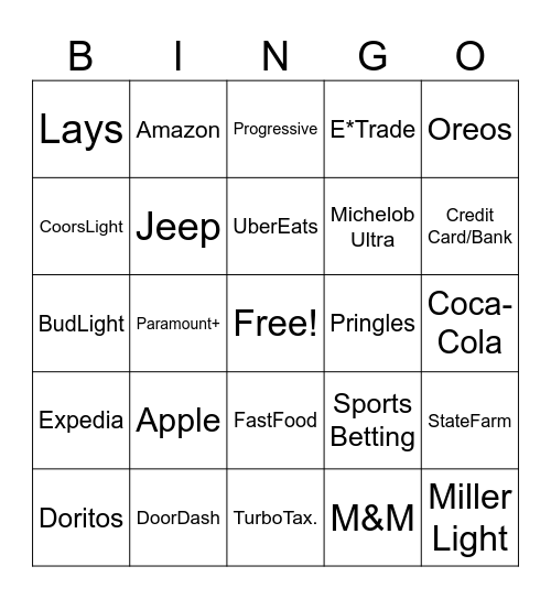 Superbowl LVIII Commercials Bingo Card