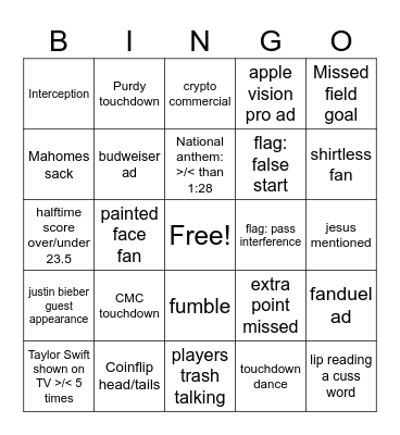 SuperBowl LVII Bingo Card