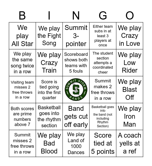 Basketball Band Bingo 2/5 Bingo Card