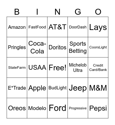 Superbowl LVIII Commercial Bingo Card