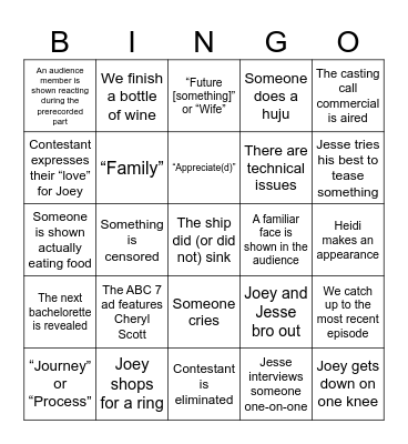 "The Bachelor" Bingo Card