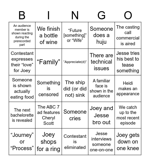 "The Bachelor" Bingo Card