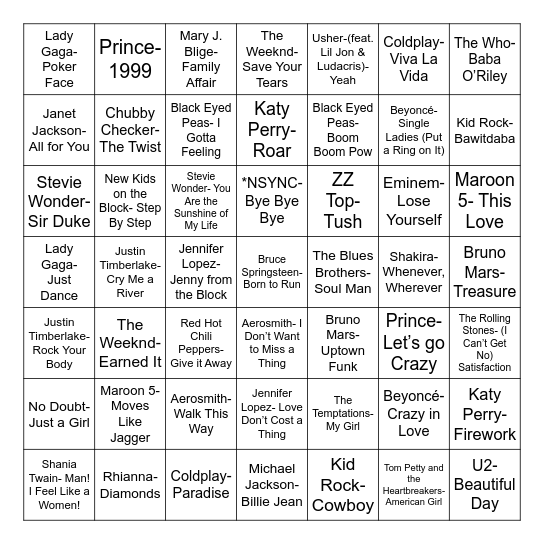 Total-Quiz.com Presents: Radio Bingo Super Bowl Halftime Show Bingo Card