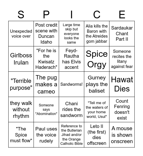 Tune: The Movie Bingo Card