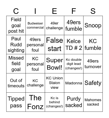 KC Chiefs Bingo Card