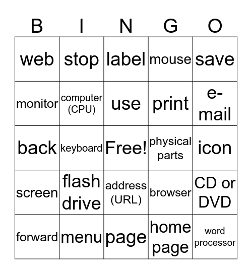 Computers Lessons 38 & 39 Bingo Card