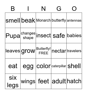 Butterfly Bingo Card