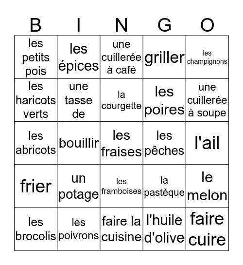 Fr 2 - Ch 3 - les légumes et les fruits  Bingo Card