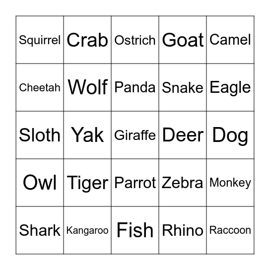 VOCABULARY | Animals Bingo Card