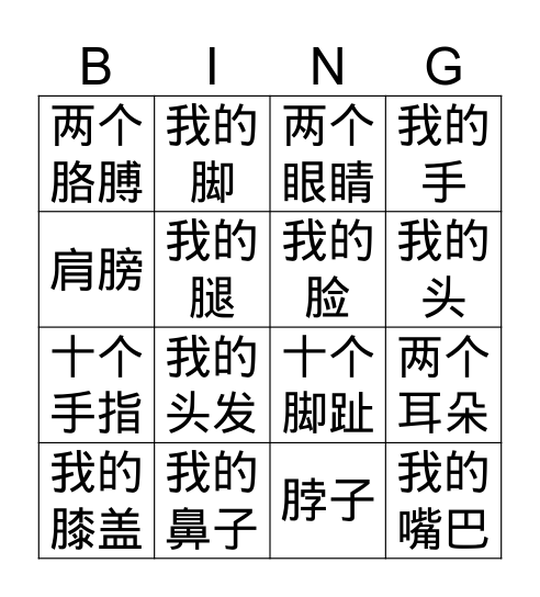 身体部位 Bingo Card