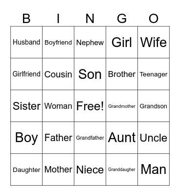 Family Vocabulary Bingo Card